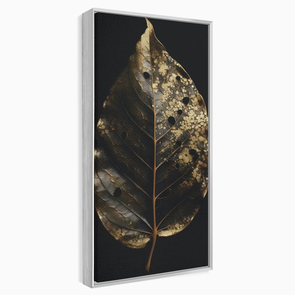 Tablou canvas cu tablou canvas cu frunza aurie pe fundal negru, in rama de aluminiu argintiu